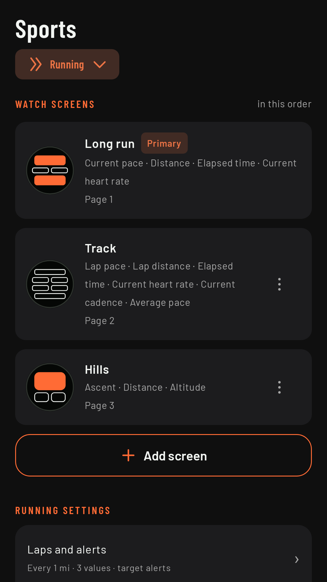 The Sports tab: three running screens, in the order they reach the watch