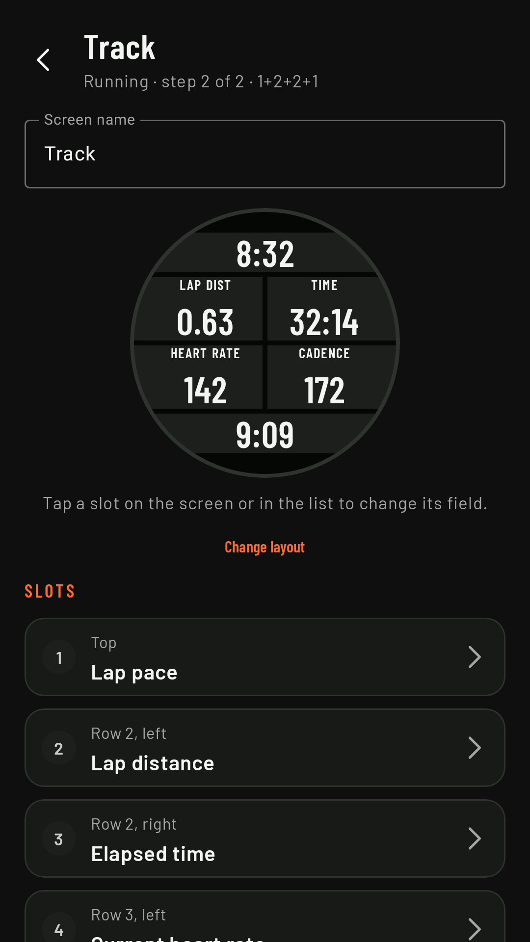 The editor for a six-field screen: the sample watch face and the slots
