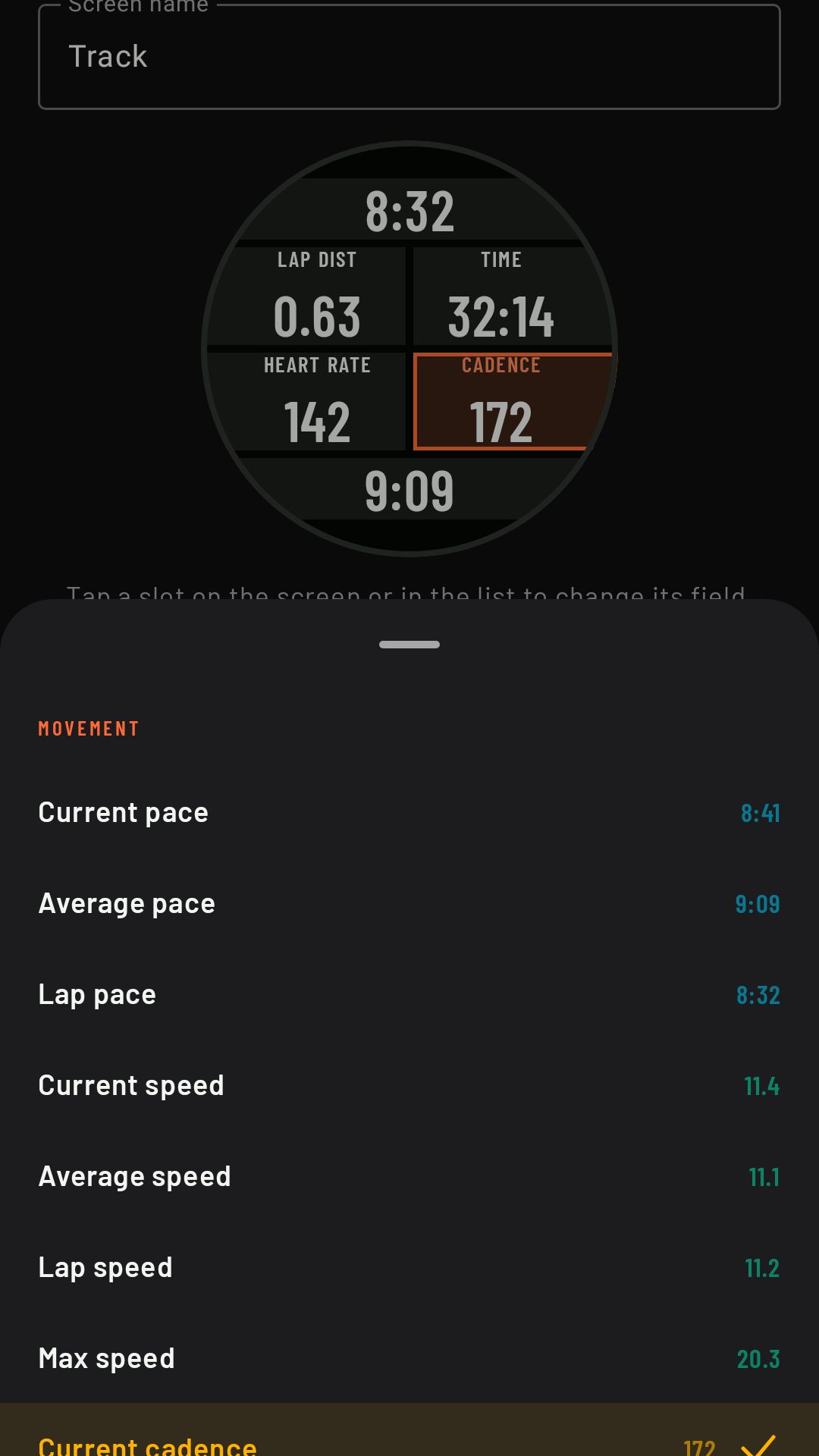 The field picker, opened from a slot, by category