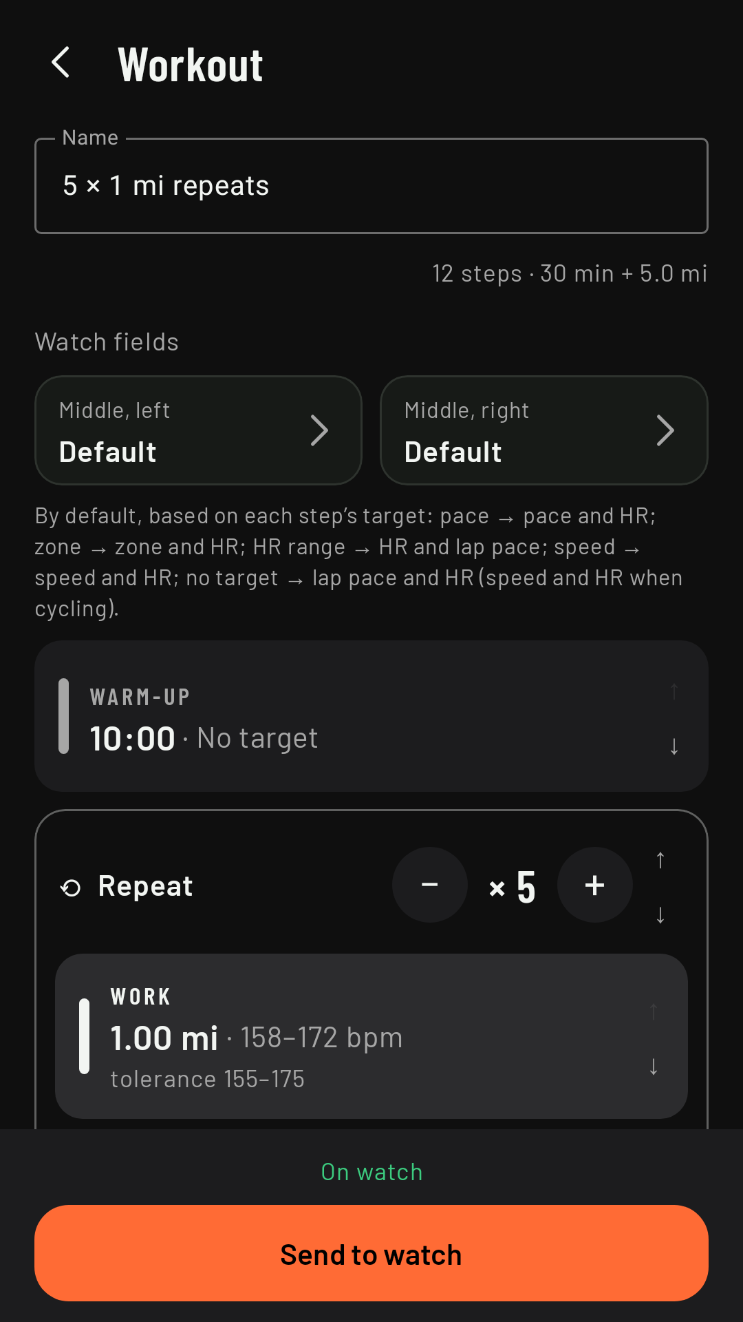 The editor for an interval workout, with its steps and repeats