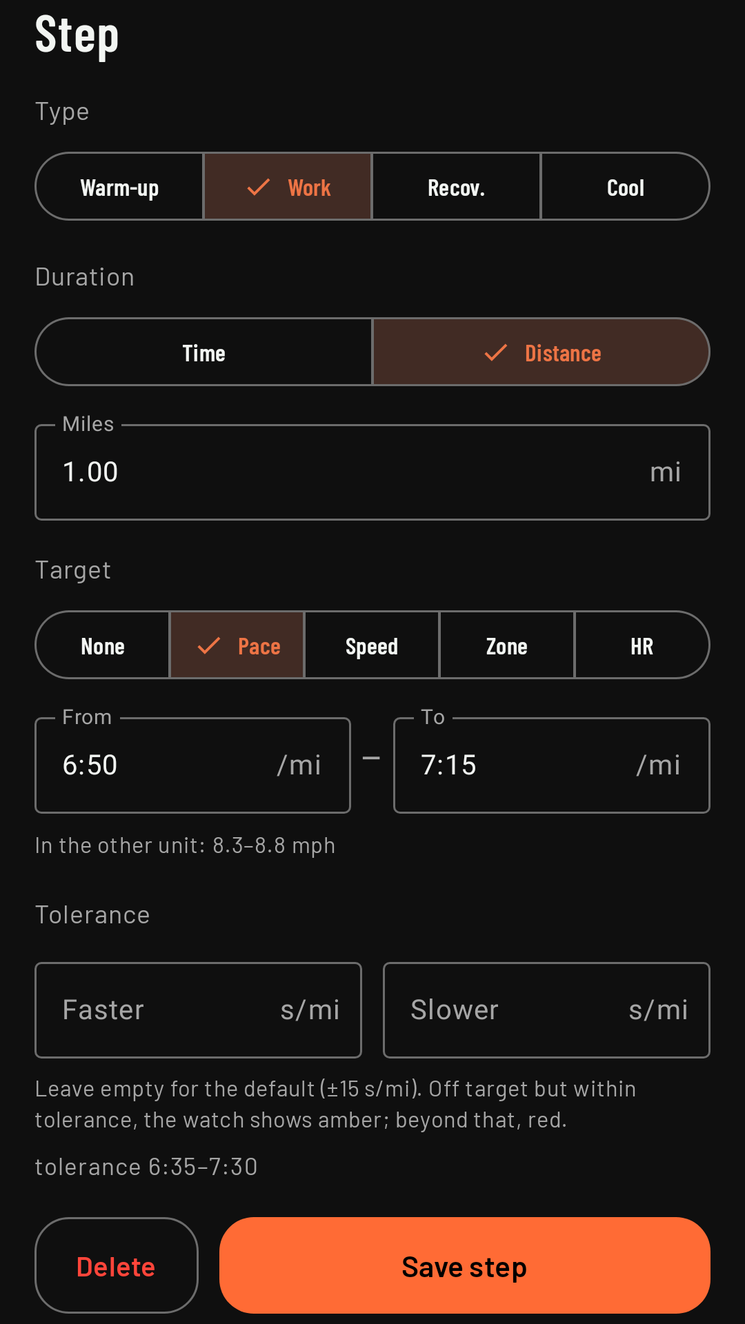 A step's sheet: type, duration, target and tolerance