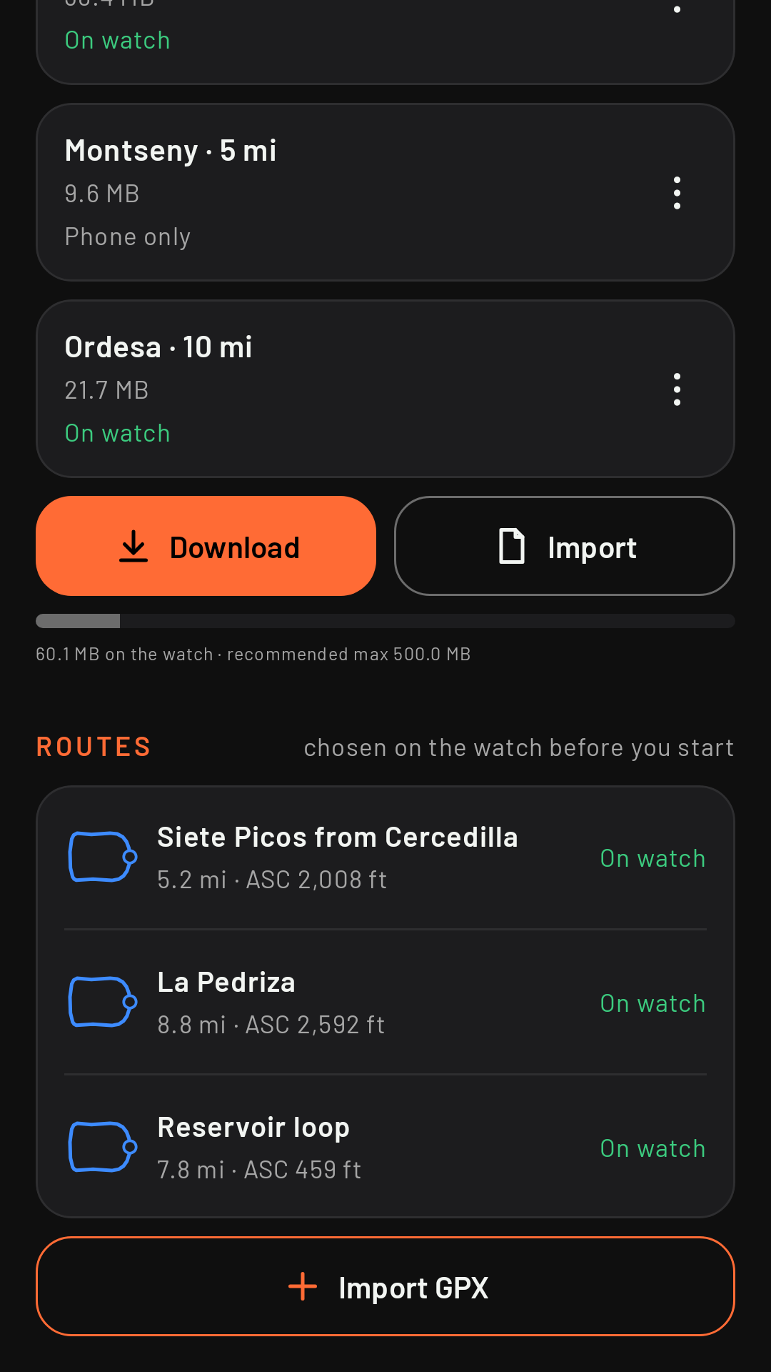 The Maps tab scrolled down to routes: Import GPX and the routes with their status