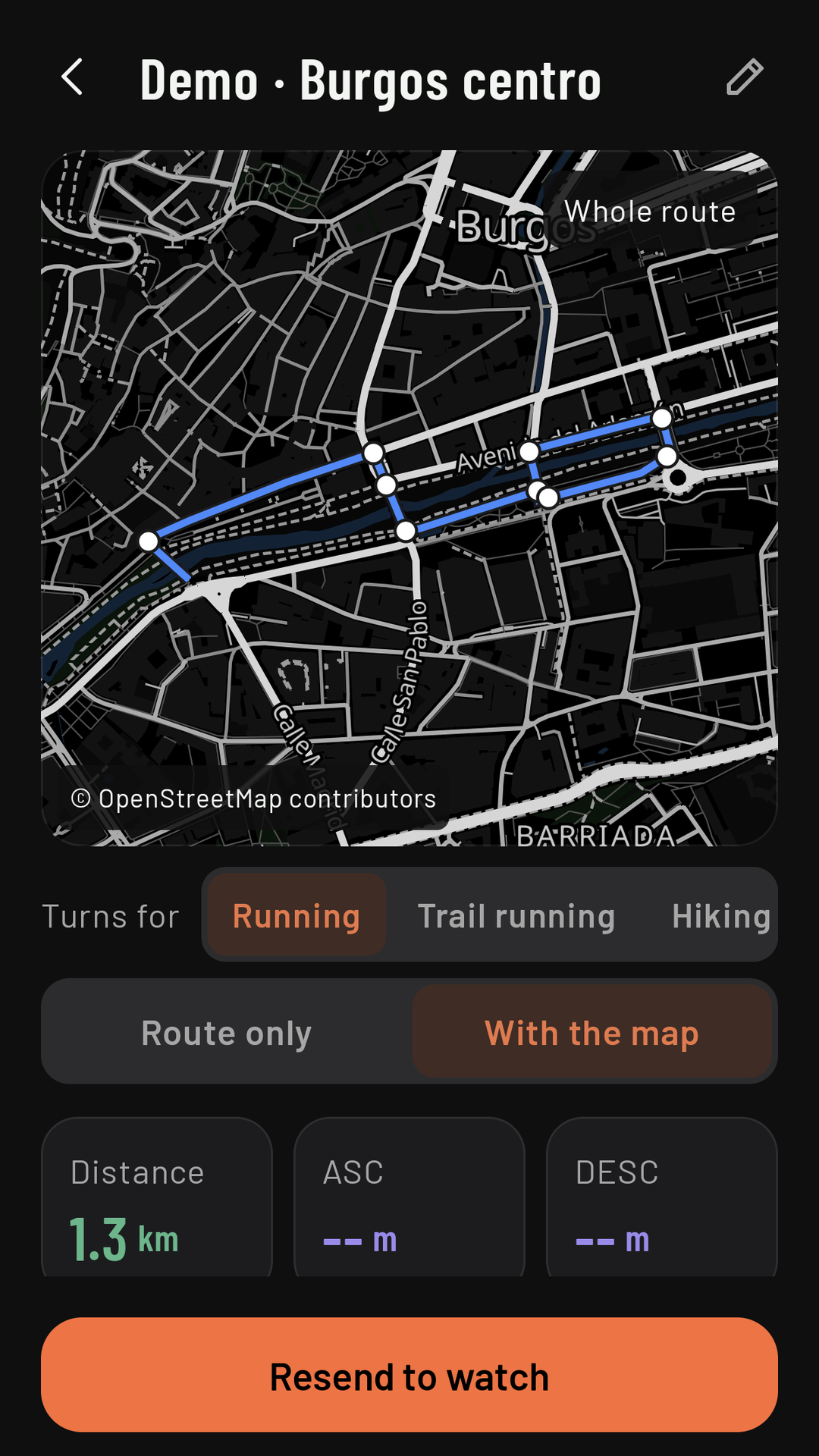The Burgos route details in the «With the map» view: the route with a white circle on every turn