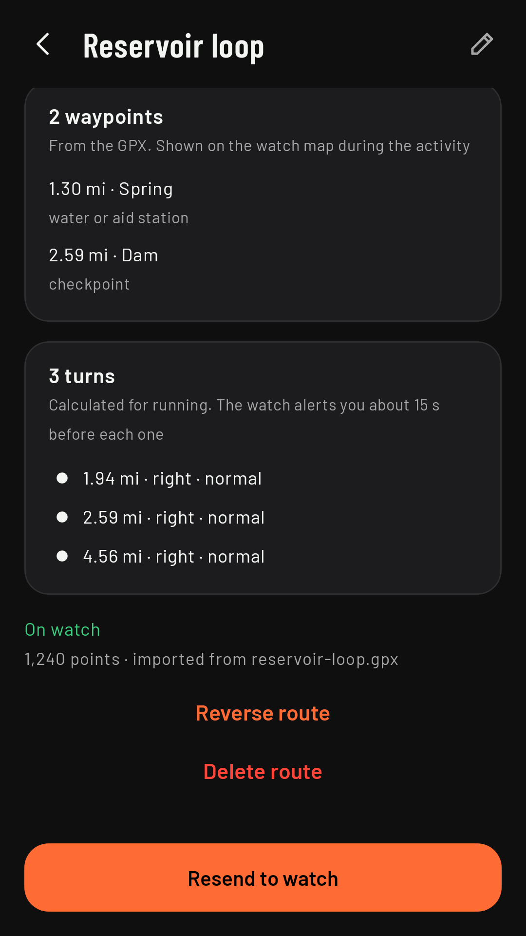 A route's details scrolled down: the turns and the waypoints