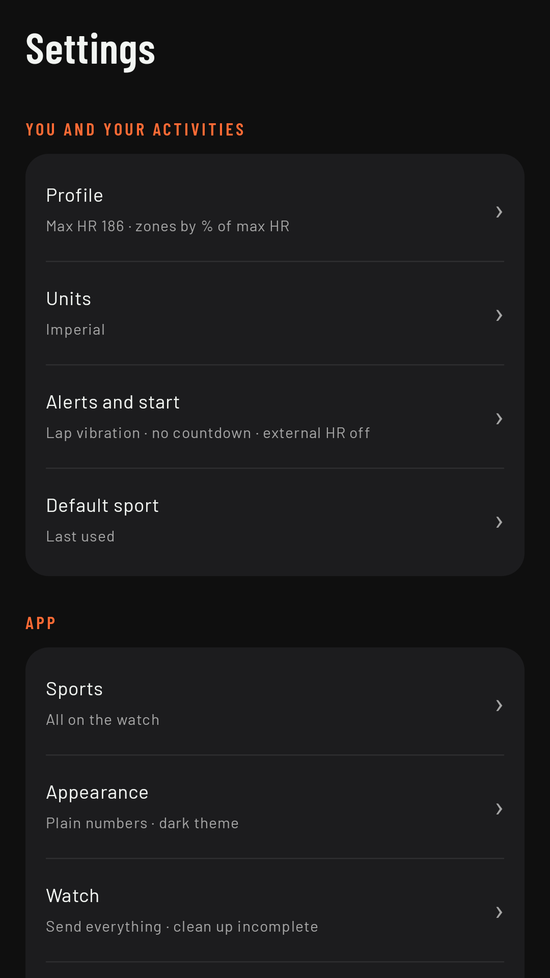 The Settings tab, top: You and your activities, and App, each row with its value