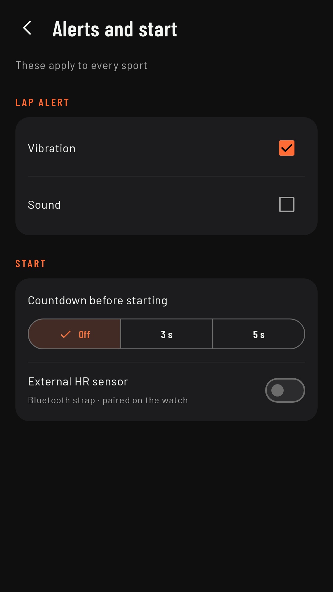 Alerts and start: the lap alert, the countdown and the external heart rate sensor