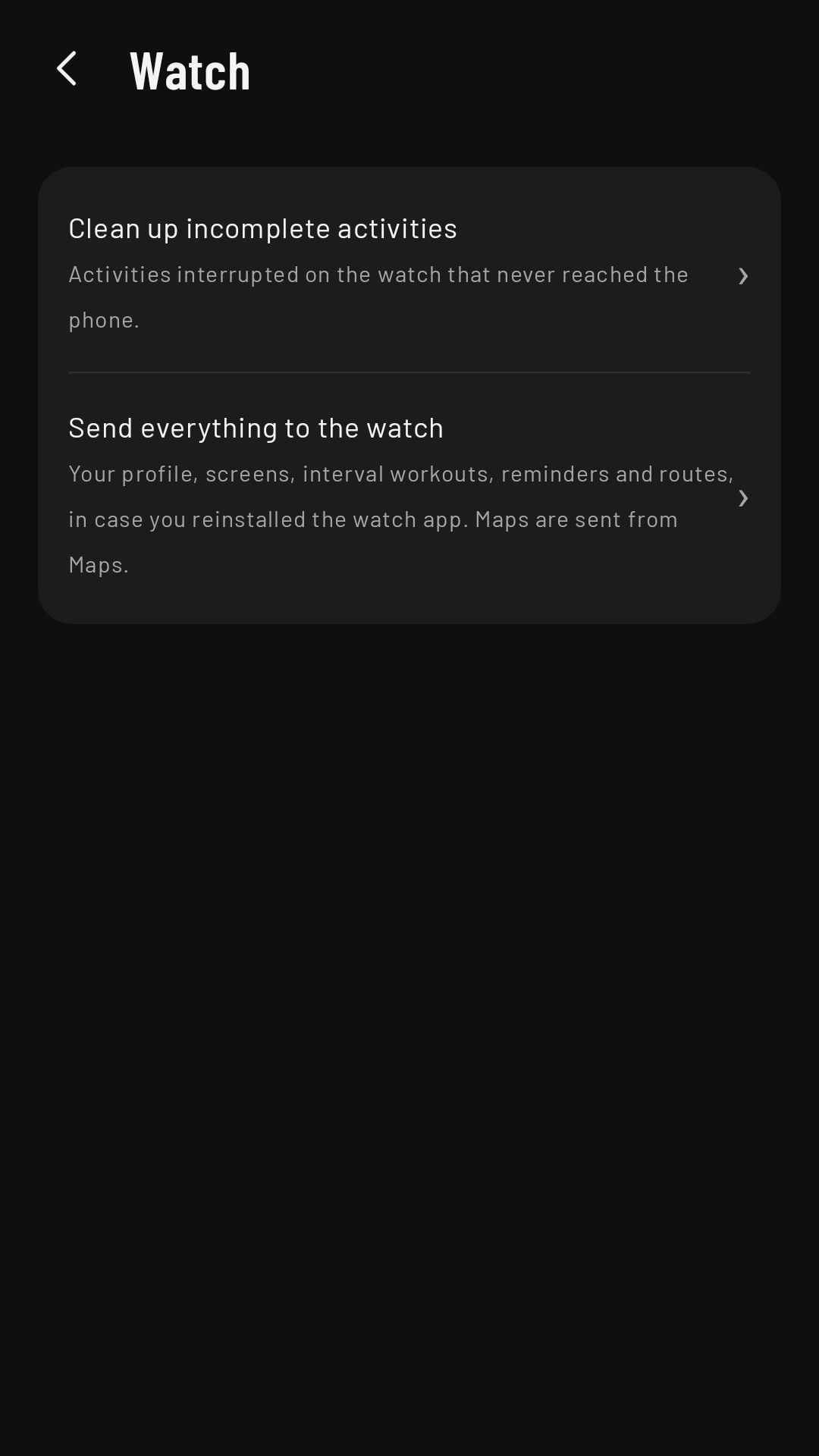 Settings › Watch: Send everything to the watch and Clean up incomplete activities
