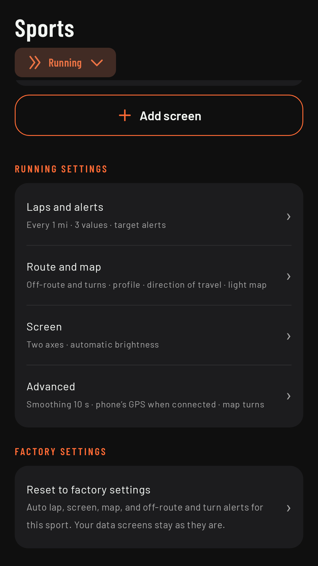 Sports, below the screens: the four settings groups with their summaries, and Reset to factory settings