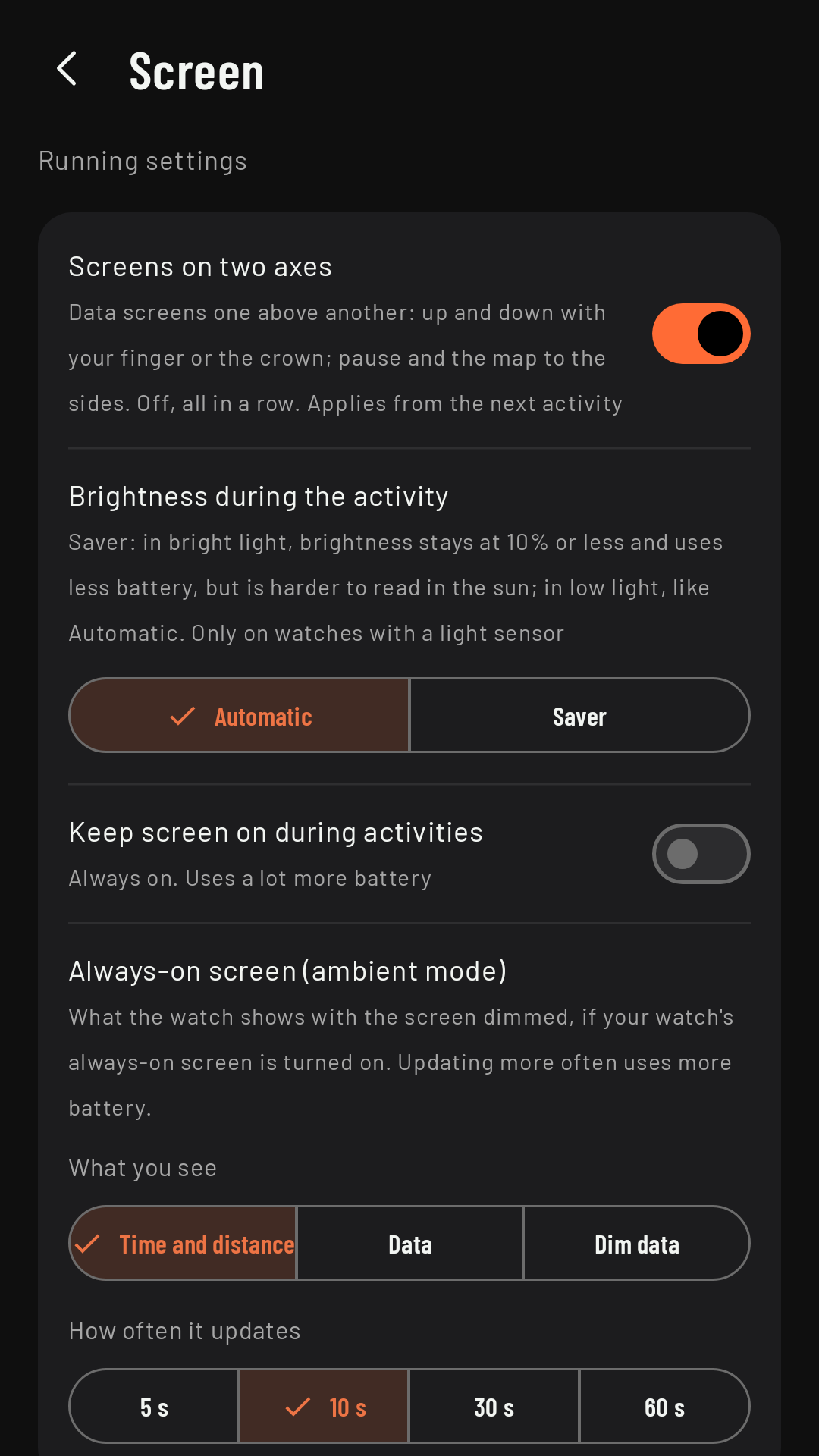 Screen: two axes, brightness (Automatic or Saver), Keep screen on and the always-on screen with What you see and How often it updates