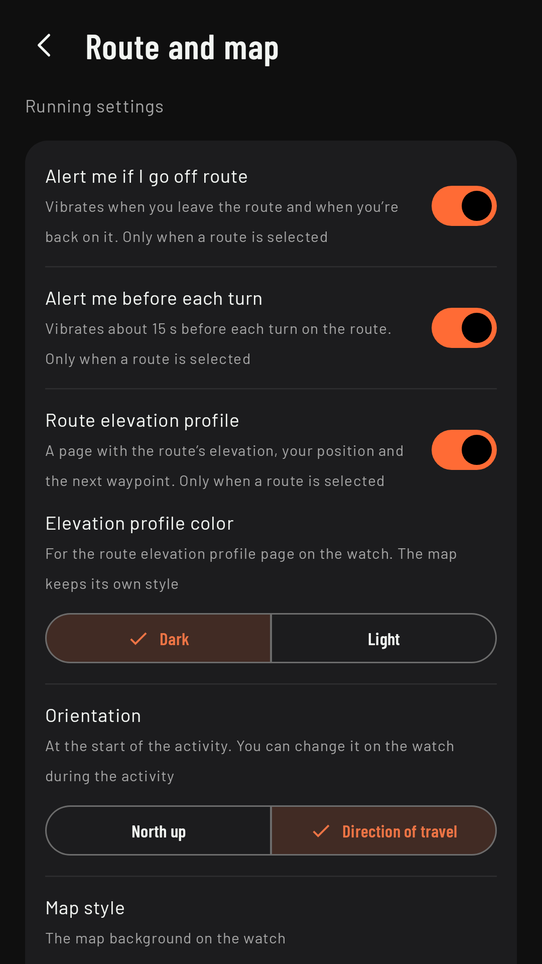 Route and map: off-route and turn alerts, the route elevation profile, map orientation and map style