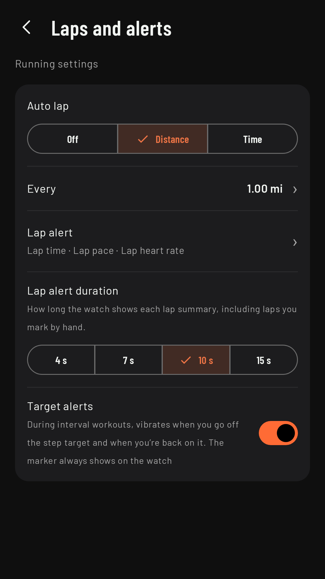 Laps and alerts: auto lap, lap alert, target alerts and the stop alerts
