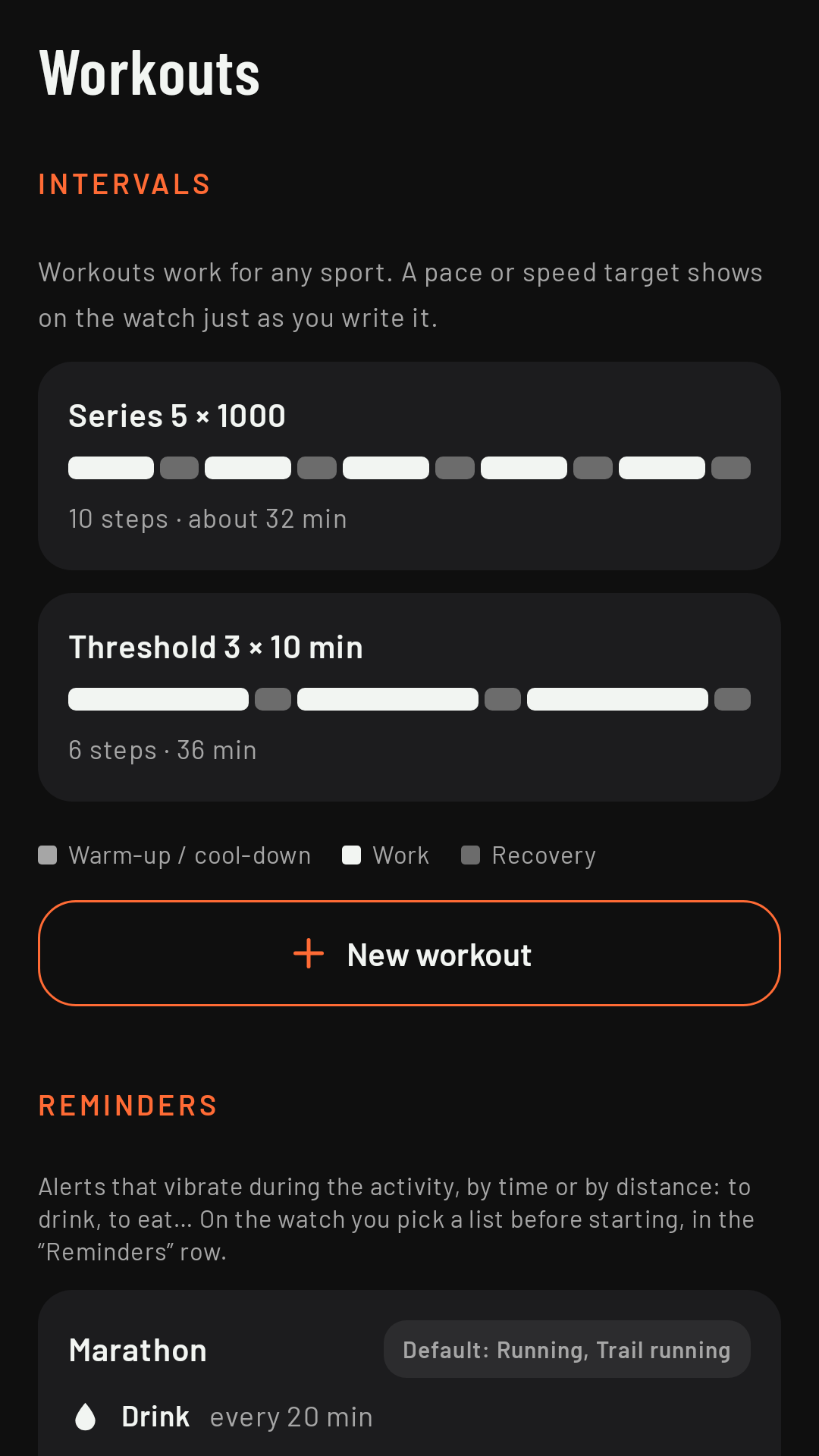 The Workouts tab, top: interval workouts and + New workout