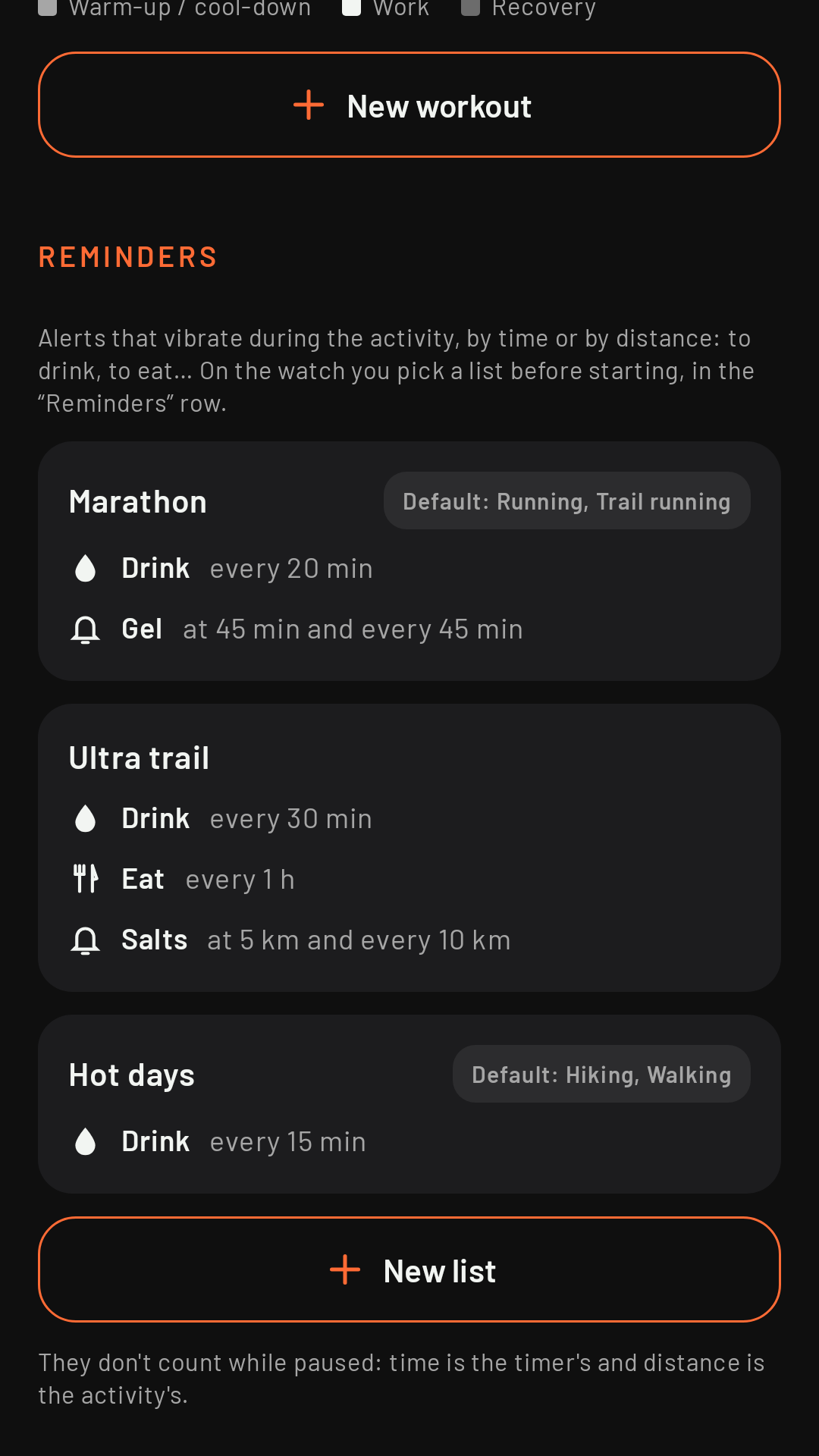 The Workouts tab, bottom: reminder lists and + New list