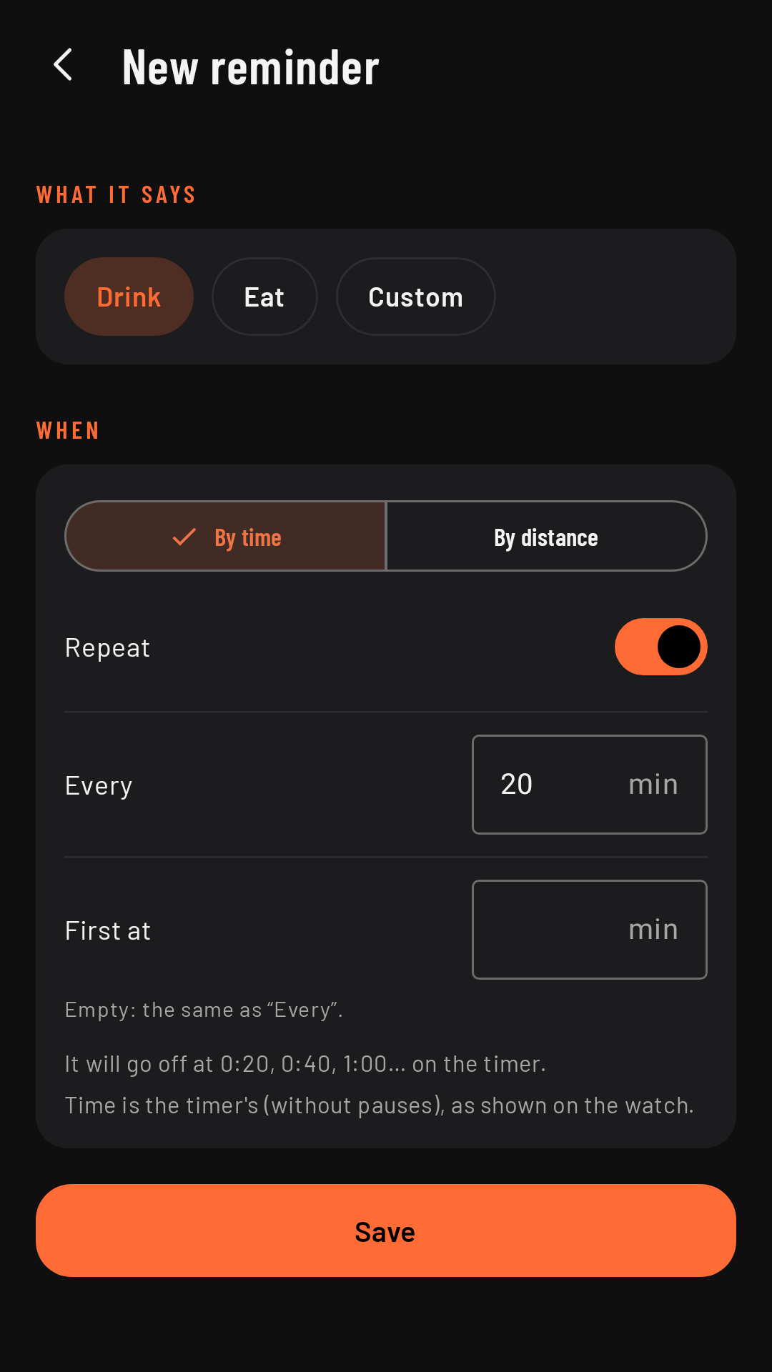 A Drink reminder by time, every 20 min
