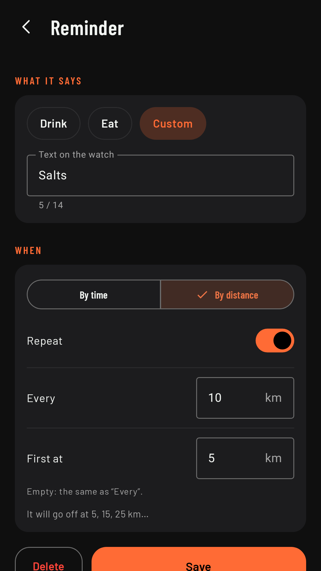 A Custom reminder by distance: the text, every 10 km, the first at 5 km