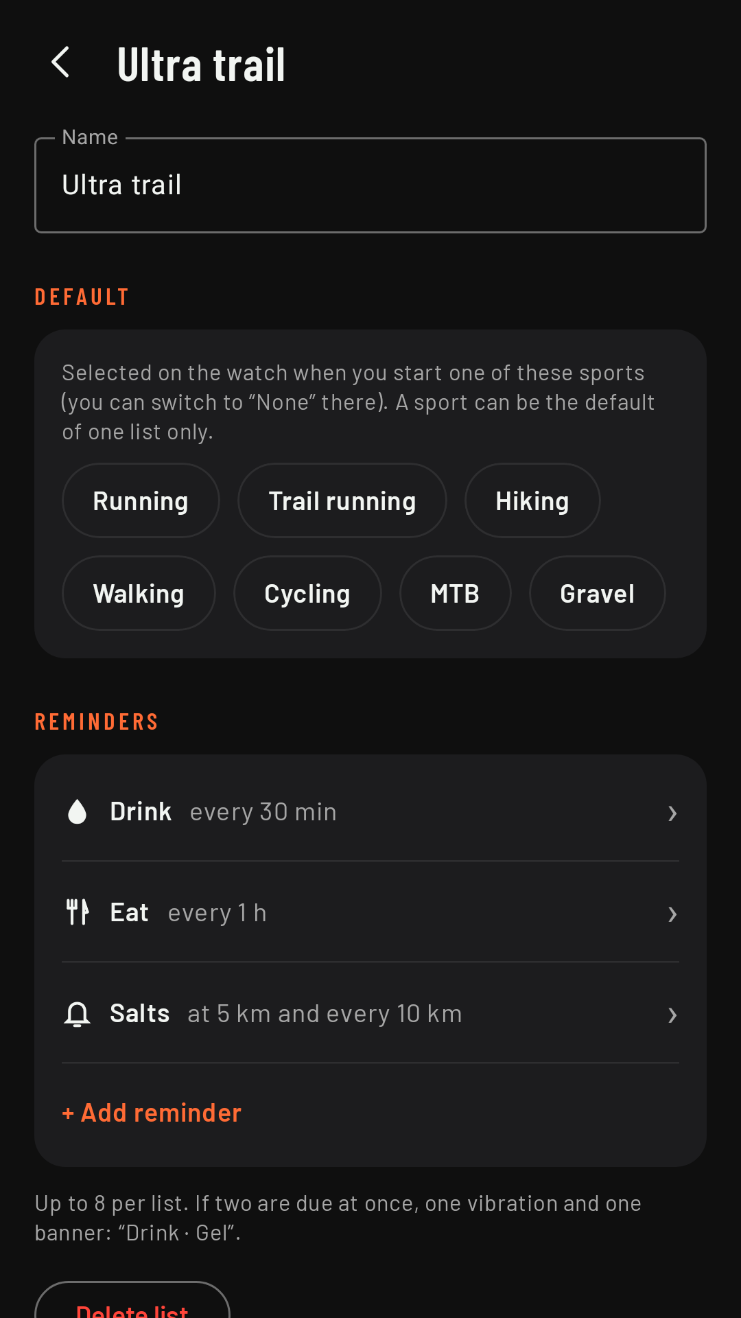 A reminder list: its name, default for which sports and its reminders