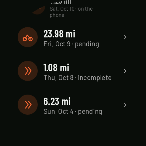 The watch history scrolled down: the cut-off activity, marked incomplete, and one from the week before
