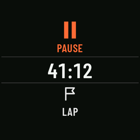 Controls during the activity: Pause at the top, the time in the middle and Lap at the bottom