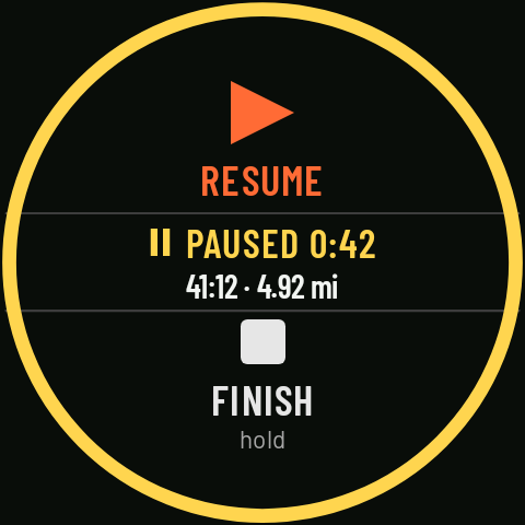 Controls while paused: Resume, the time you’ve been paused, the activity’s time and distance, and Finish (hold)