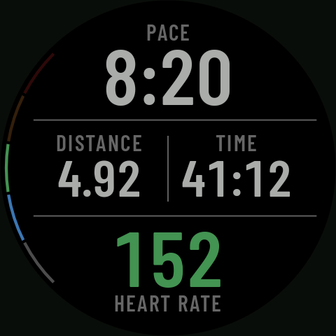Always-on screen set to Data: the running page dimmed, with pace, distance, time and heart rate