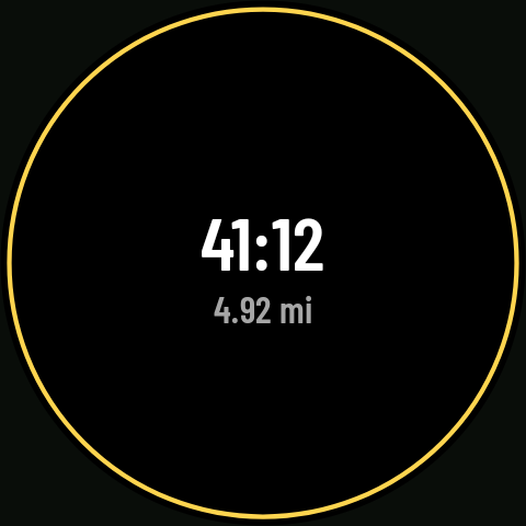 The always-on screen while paused: the time and distance inside the yellow ring