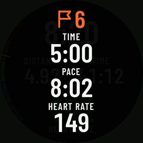 The lap summary over the page: ⚑ 6 with the lap’s time, pace and heart rate