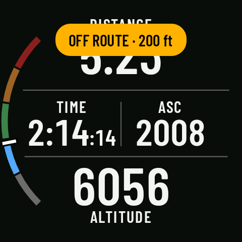 The off-route alert: OFF ROUTE, with the distance to the route
