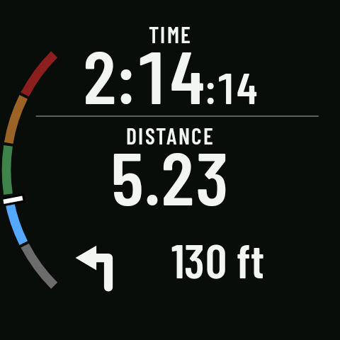 The turn alert in place of the bottom row: turn left, with the distance