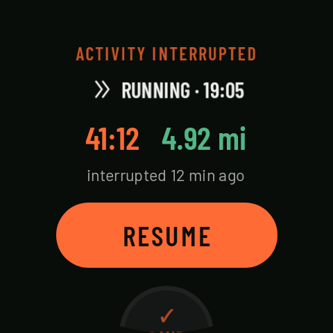 Opening the app after a cut-off: ACTIVITY INTERRUPTED, with RESUME, SAVE and DISCARD