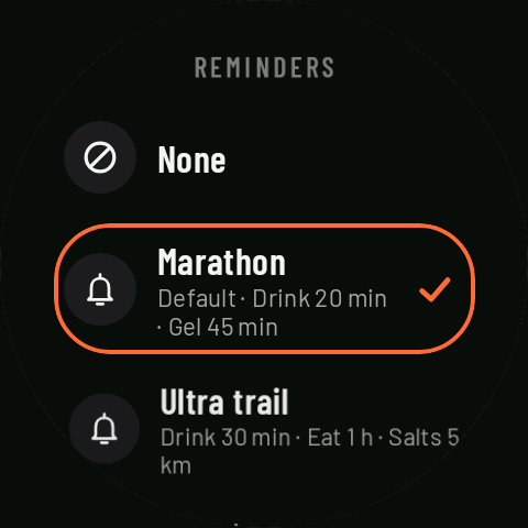 The reminder lists on the watch: None, Marathon (default, selected) and Ultra trail