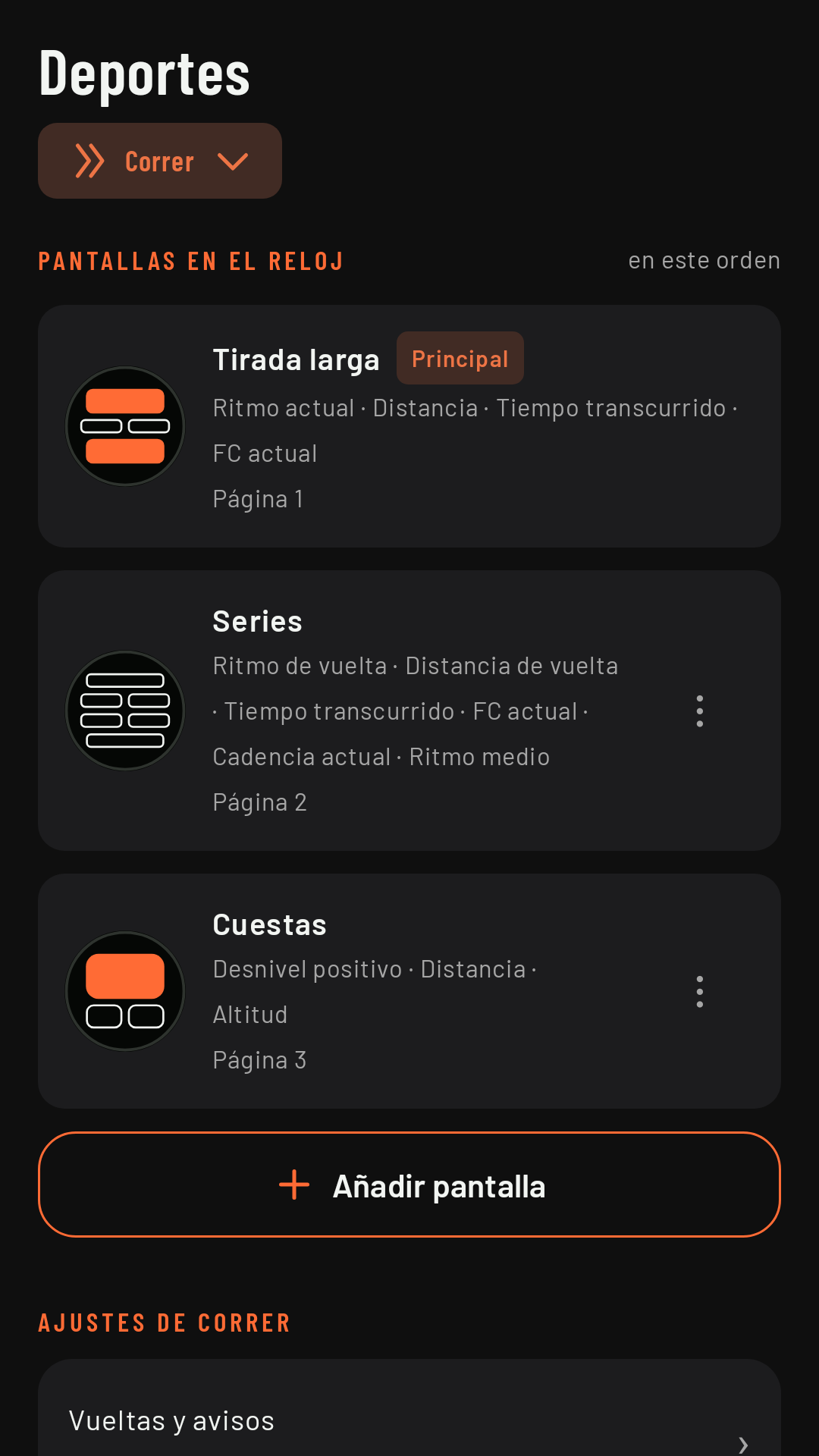 La pestaña Deportes: tres pantallas de carrera, en el orden en que llegan al reloj