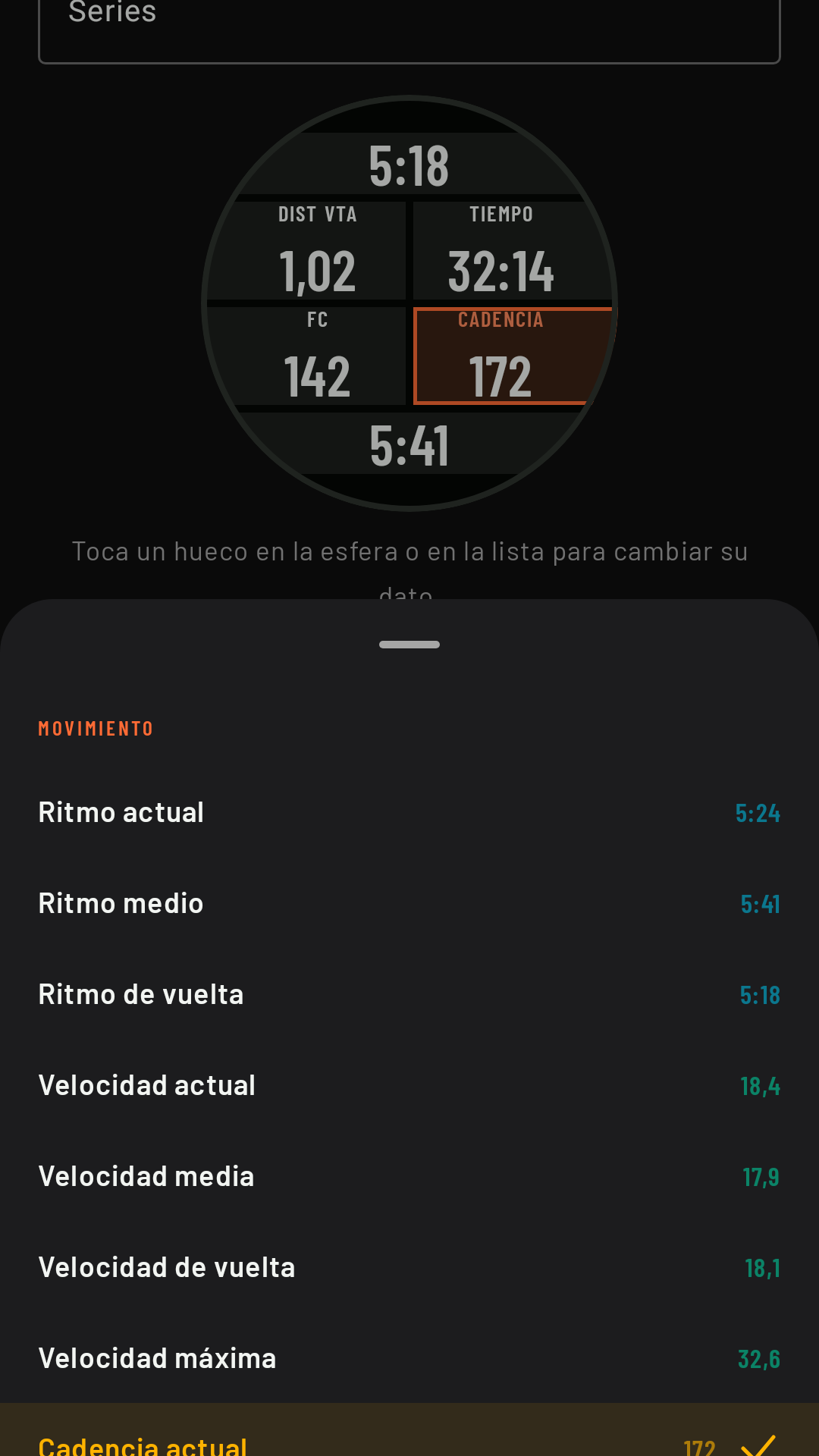 El selector de datos, abierto desde un hueco, por categorías