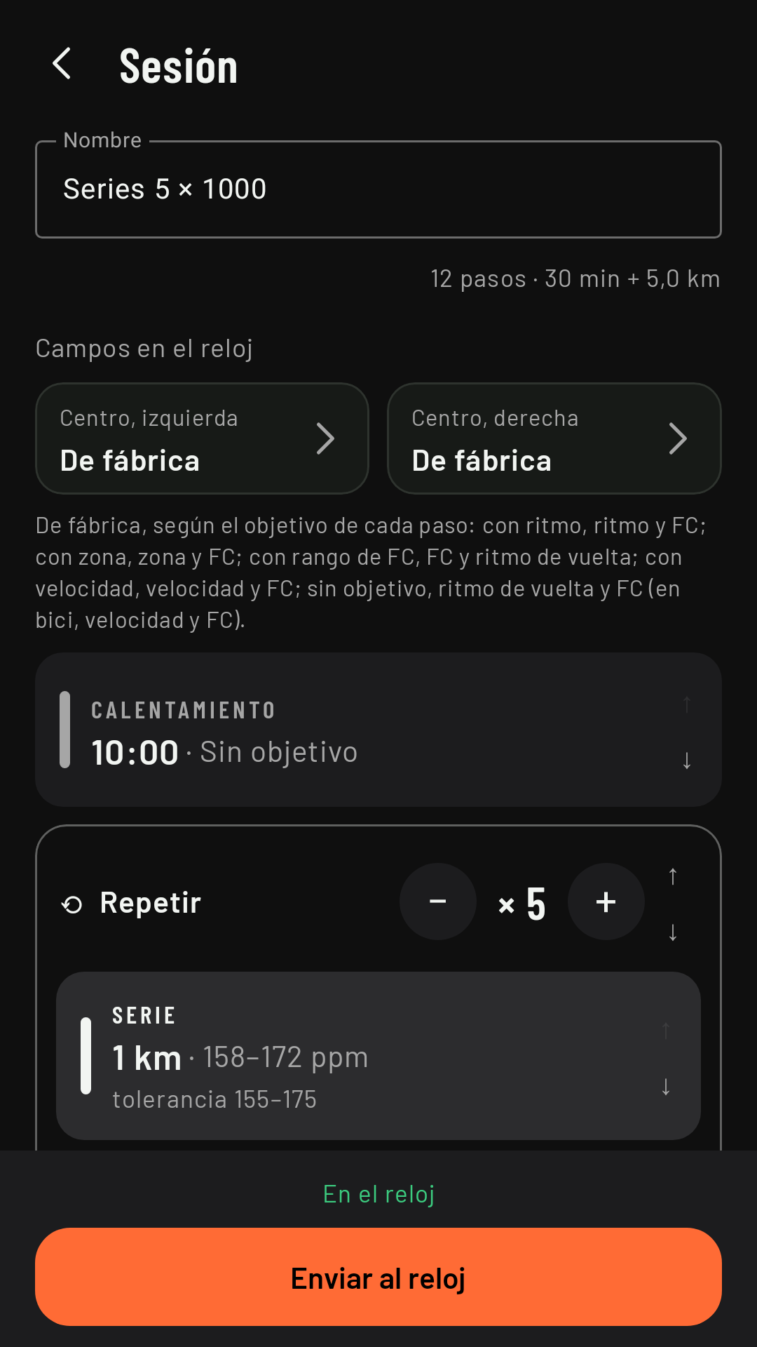 El editor de una sesión de intervalos, con sus pasos y repeticiones