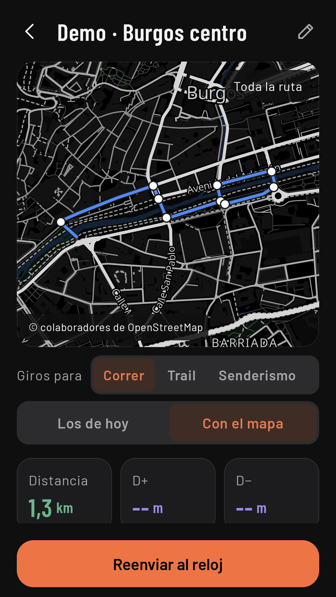 La ficha de la ruta de Burgos en la vista «Con el mapa»: el trazado con un círculo blanco en cada giro