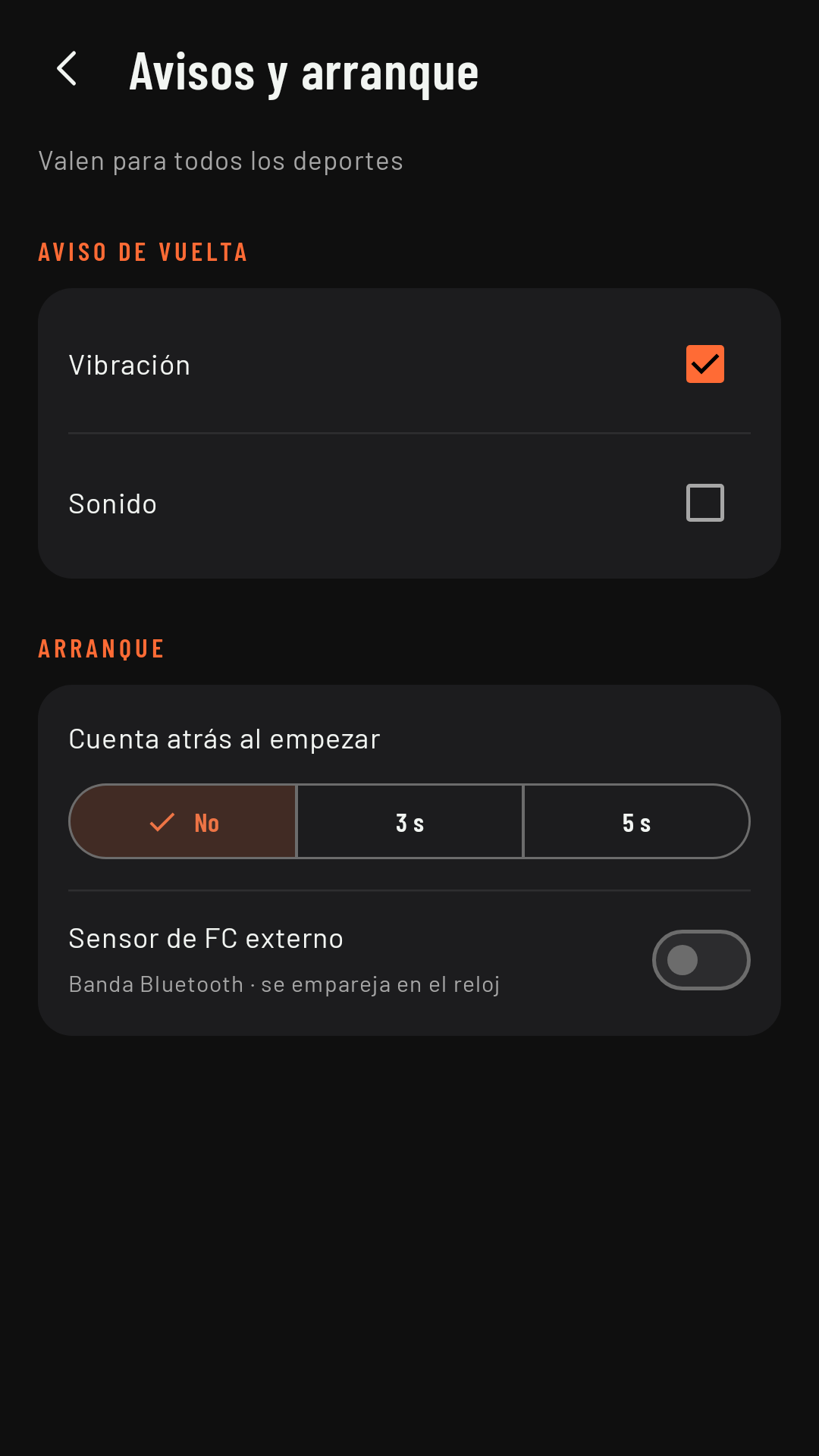 Avisos y arranque: el aviso de vuelta, la cuenta atrás y el sensor de FC externo