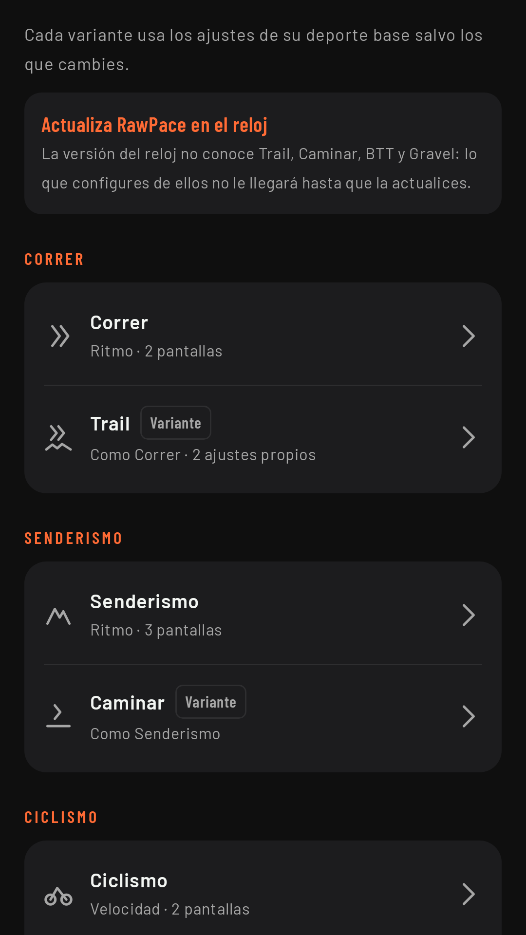 El aviso Actualiza RawPace en el reloj, encima de la lista de deportes