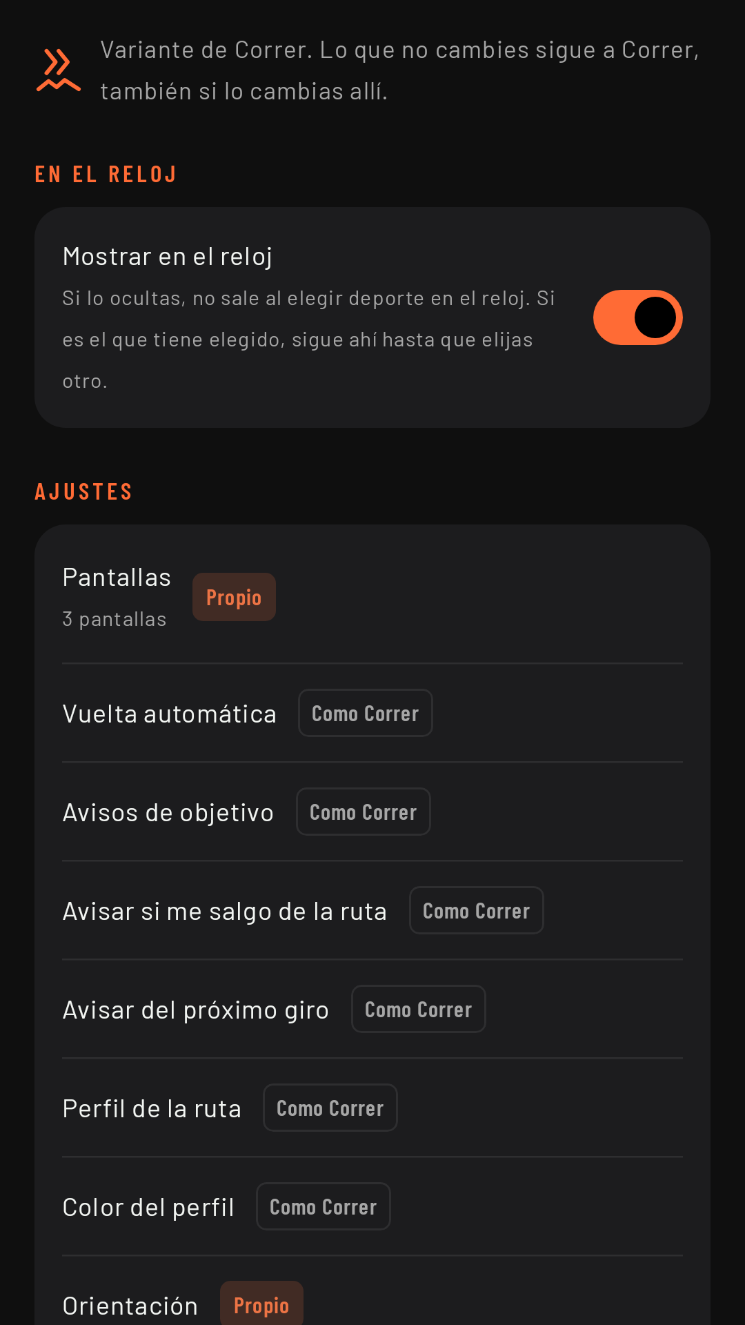 La ficha de Trail: Mostrar en el reloj y cada ajuste Propio o Como Correr