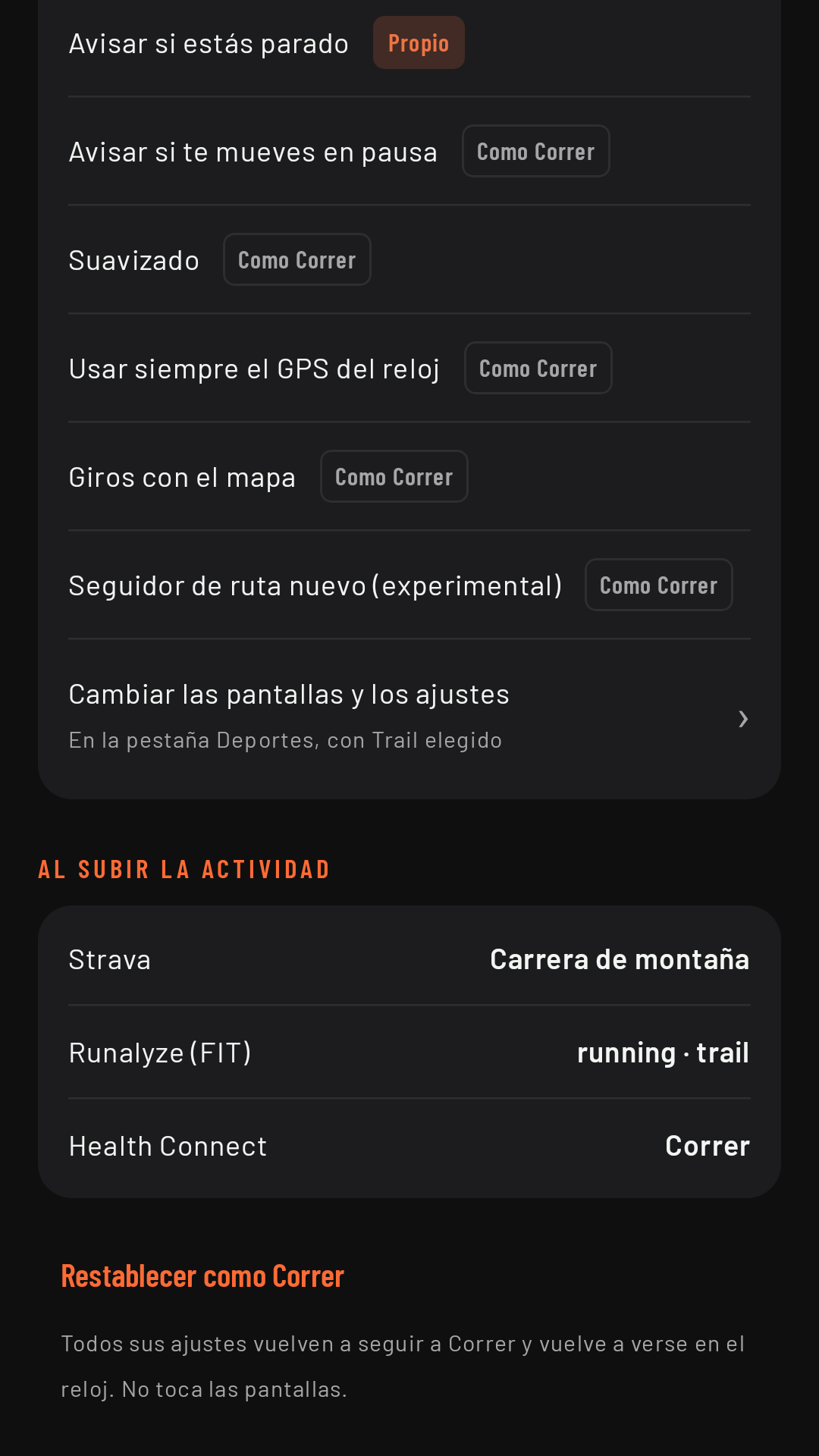 La ficha de Trail, abajo: cómo llega a Strava, Runalyze y Health Connect, y Restablecer como Correr