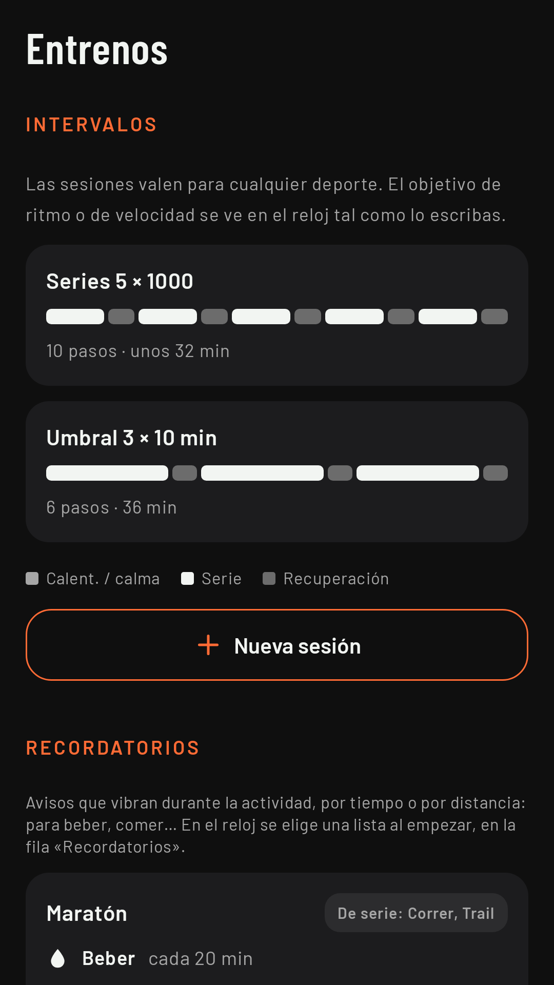La pestaña Entrenos, arriba: las sesiones de intervalos y + Nueva sesión