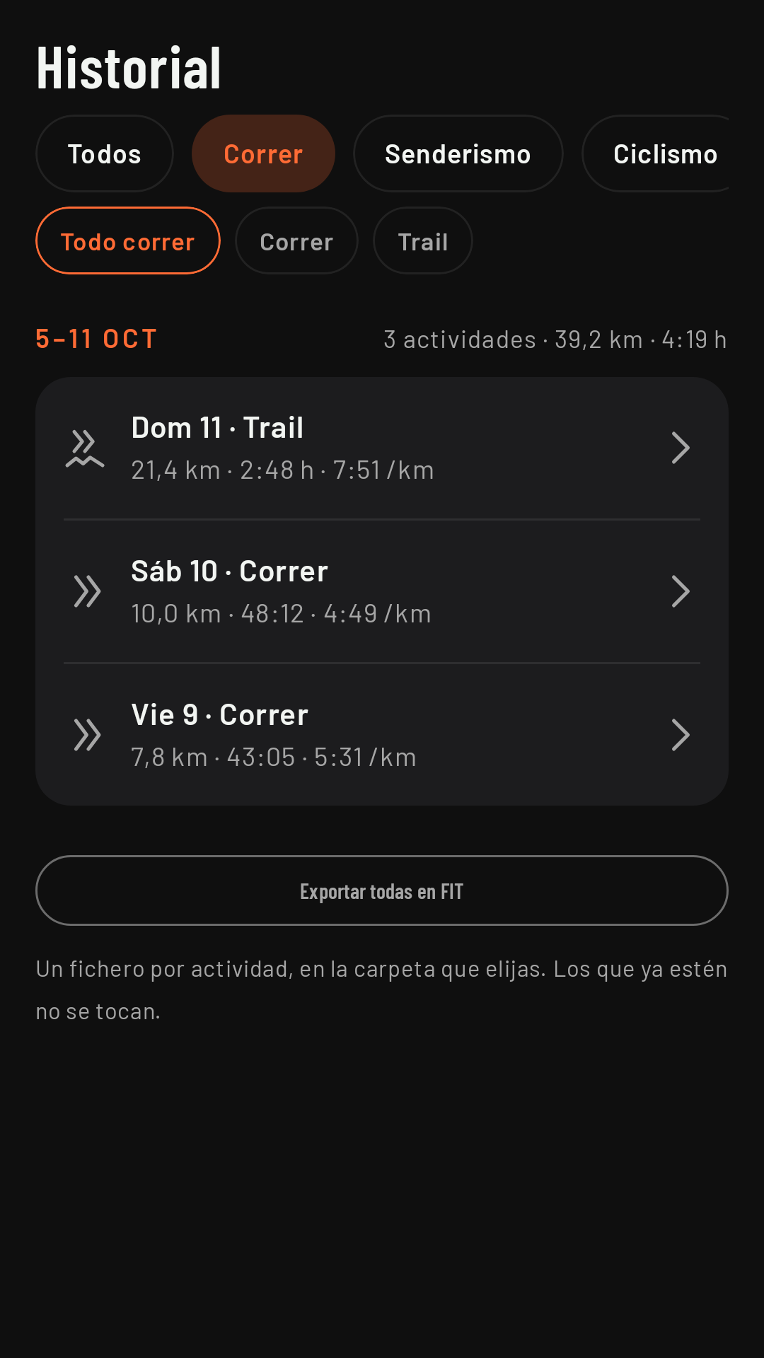 El Historial filtrado por la familia Correr, por semanas