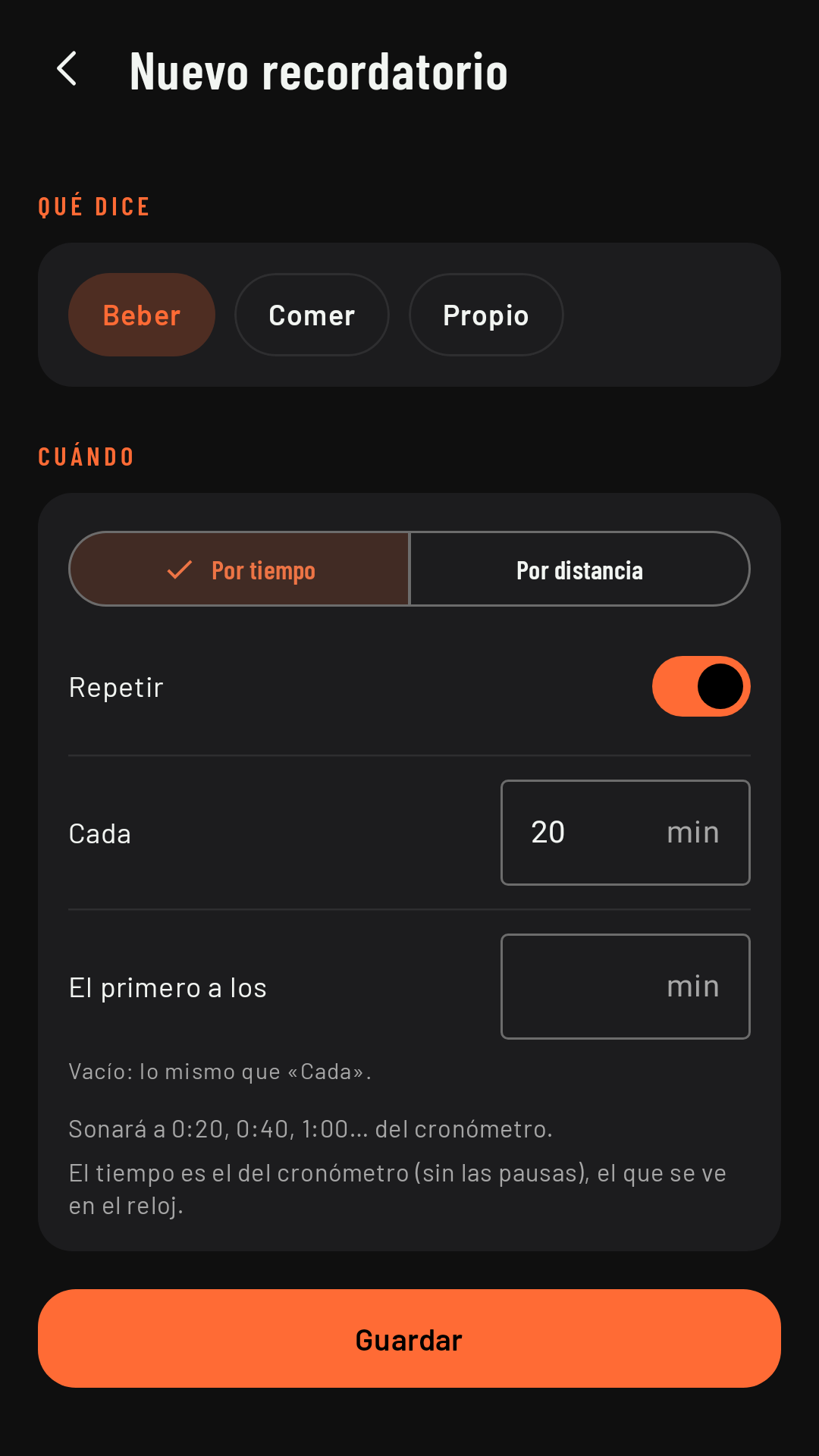 Un recordatorio de Beber por tiempo, cada 20 min