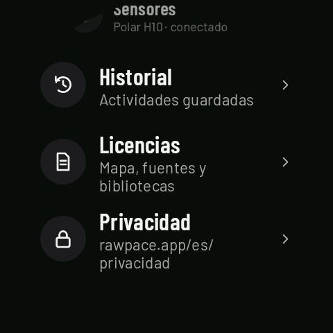 La pantalla de inicio bajada hasta el final: Mapas, Sensores, Historial, Licencias y Privacidad