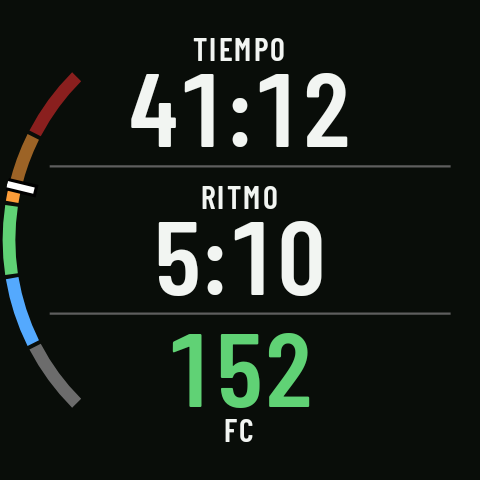 Una página de tres datos (tiempo, ritmo y pulso) con el arco de zonas de FC