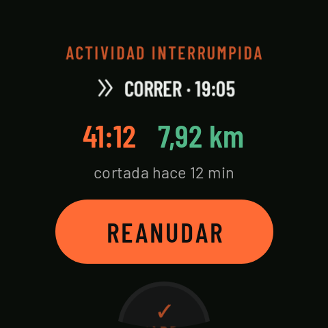 Al abrir la app tras un corte: ACTIVIDAD INTERRUMPIDA, con REANUDAR, GUARDAR y DESCARTAR