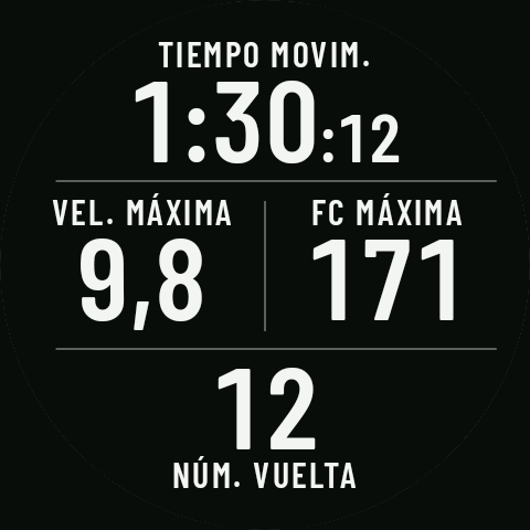 Una página con el tiempo en movimiento, la velocidad y la FC máximas y el número de vuelta