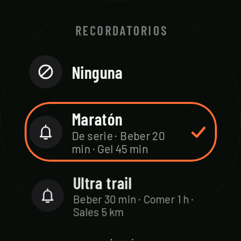 La lista de recordatorios del reloj: Ninguna, Maratón (de serie, elegida) y Ultra trail